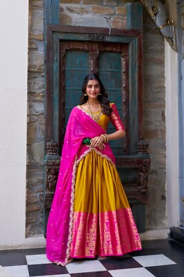 New Mastard Yellow Narayan Pattu Lehenga Choli with Pink Dupatta For Women