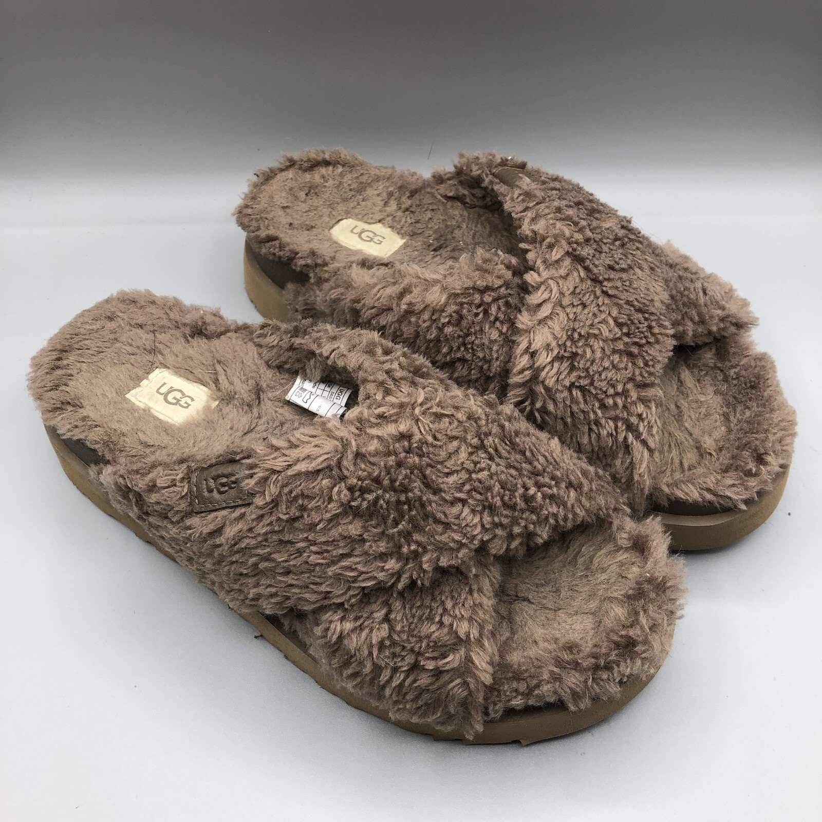 UGG Fuzz Sugar Cross Slides Slippers Sandals Women's 9 Slip On S/N 1120860  Brown | eBay