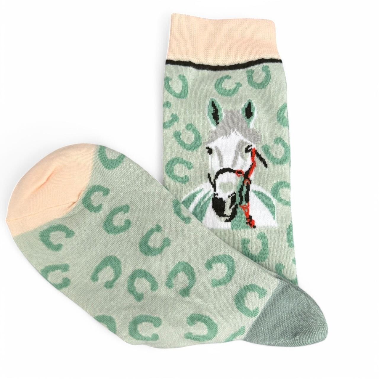 PONY Calze con stampa cavalli verdi e beige con ferri di cavallo e cavalli. Taglia unica nuova.