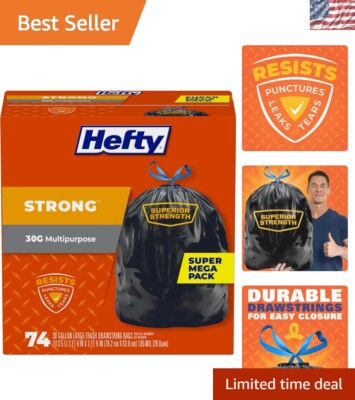 Strong 30 Gallon Trash Bags - 74 Count, Durable & Puncture-Resistant Plastic