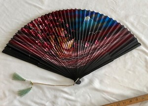 Japanese Folding Hand fan, Sensu Mountains Sailboat Sea Pink Blue 24”x13” 1950’s