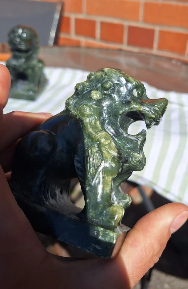 Hetian Jade Foo Dog Lion Dark Spinach Green Chinese 19th Century Carved Figure - Image 2 of 4