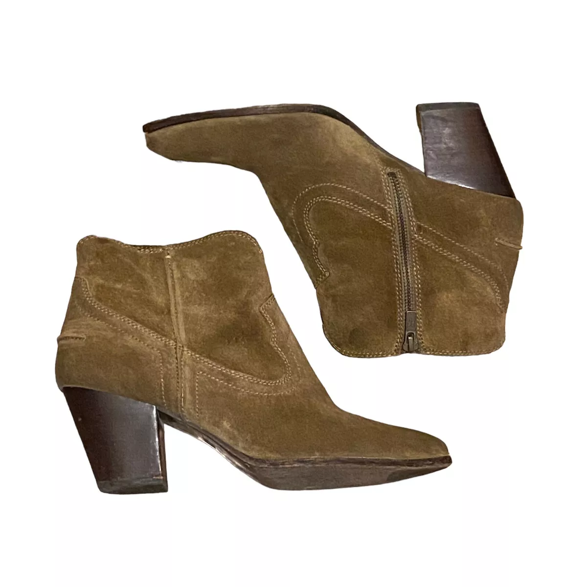 Frye Renee Size 8 42 Seam Short Brown Suede Boots Booties Cuban Heel Womens