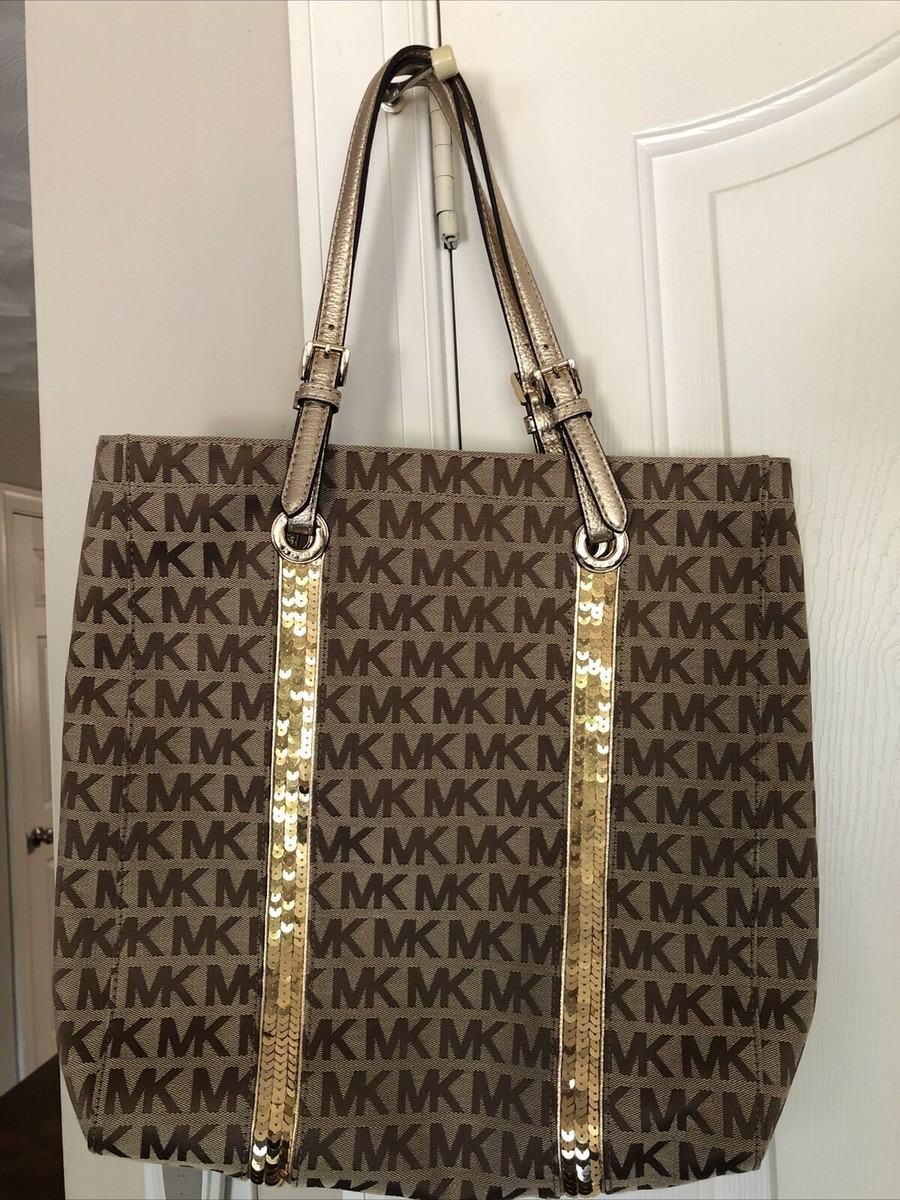 MICHAEL KORS LARGE HANDBAG PURSE TAN/GOLD SEQUIN