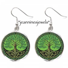Irish Tree Of Life Earrings Celtic ART PRINT Silver Charm Dangle Earrings