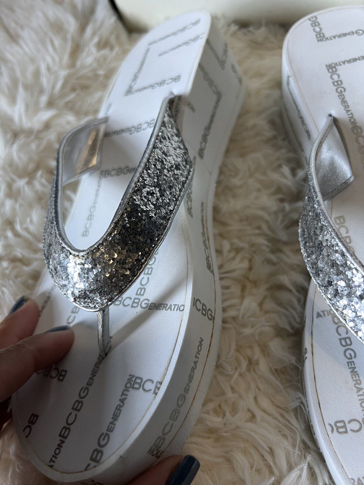 Silver Sequin Platform Flip Flops Chunky Glam Y2K… - image 11