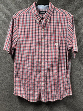 Chaps Easy Care Mens Shirt Medium Red Gingham Plaid Short Sleeve Button Up Dress