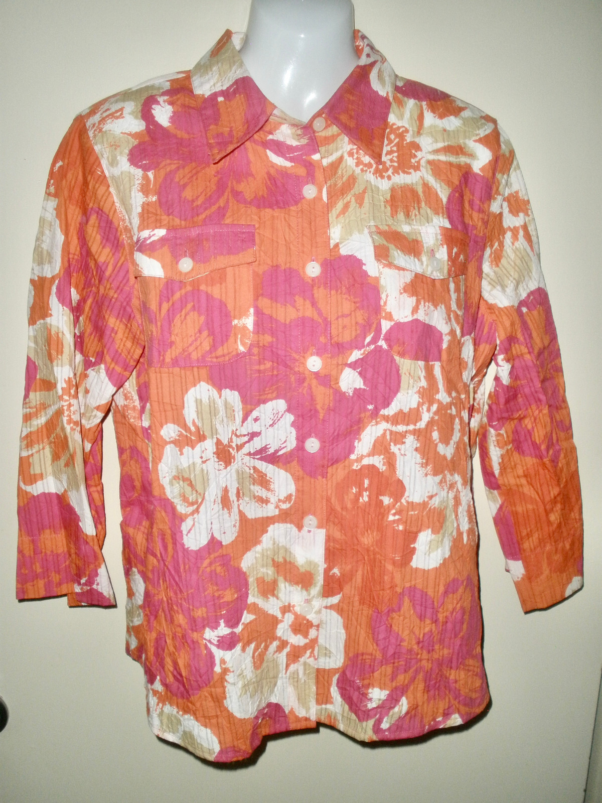 #857 Misses 8 shirt Alfred Dunner Orange Pink Button Cotton Floral