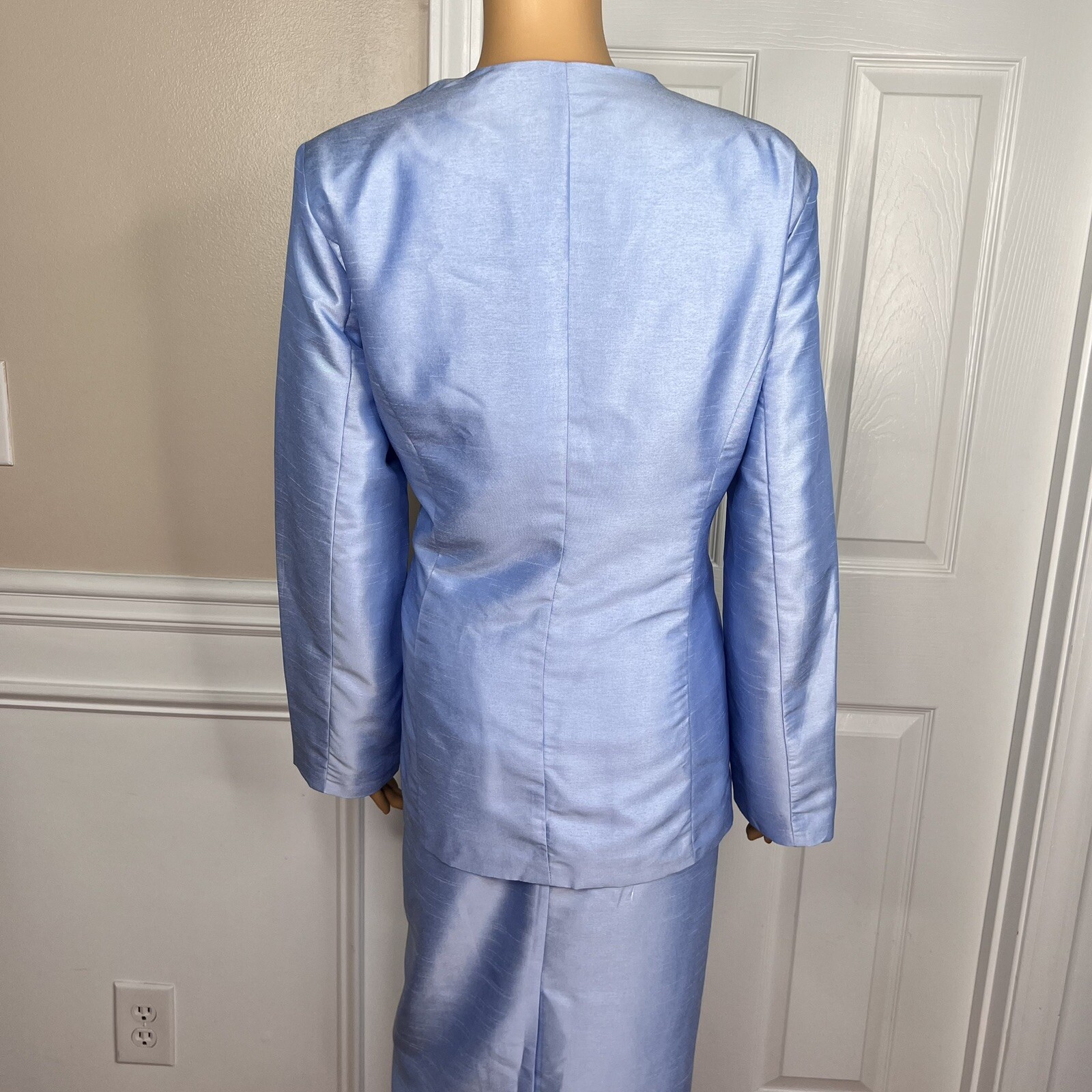 TALLY TAYLOR 3PC Slate Blue Polyester Collarless Cocktail Skirt Suit Top Size 14