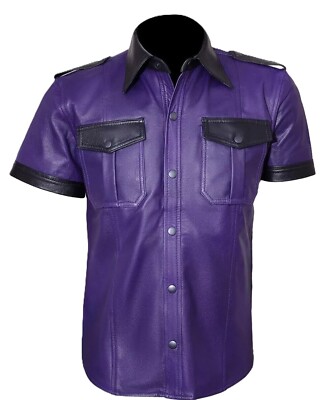 Herren Lila 100% Echt Lammleder Leder Motorrad Biker Kurzarm Hemd