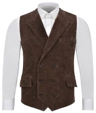 Double Breasted Men's Brown Suede Lambskin Waistcoat Style Slim Fit Vest Coat