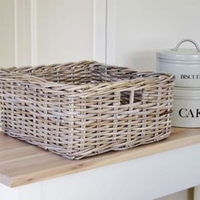 Square Wicker Storage Basket Grey Buff Rattan Shelf Unit Display 