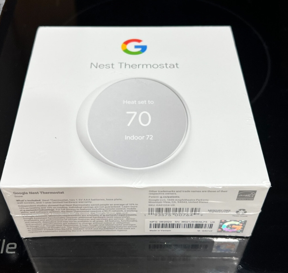 Google Nest Smart Thermostat, Snow - GA01334-US, New, Sealed.  Inc Batteries.