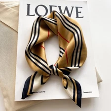 Women Vintage Small Scarf 100% Silk Kerchief Bandana Yellow Striped Print 53cm