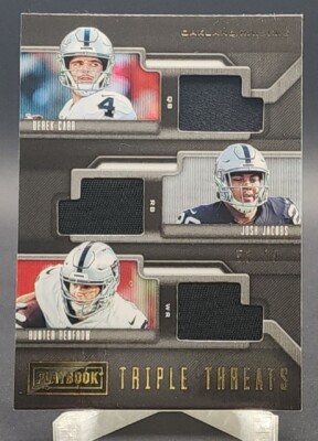 2019 PANINI PLAYBOOK TRIPLE THREATS PATCH DEREK CARR JOSH JACOBS RC /99 #TT-OR