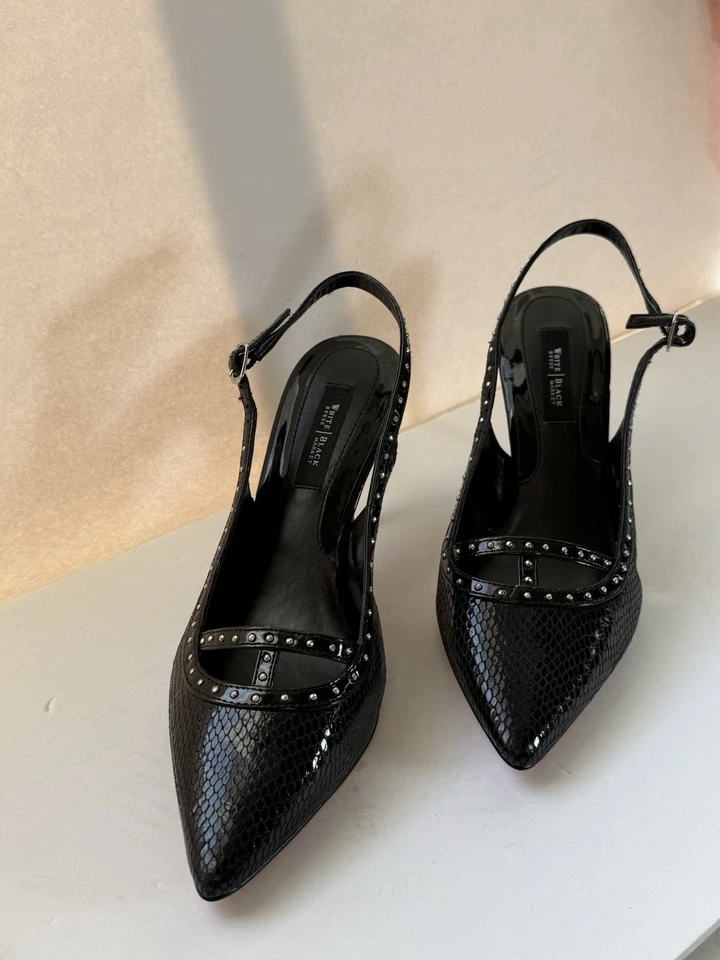 White House Black Market Heels Black Sling Backs Leather Studs US 8M - Image 3 of 4