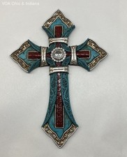 Oro Western Turquoise Wall Cross Red Faux Stone Rhinestone Rustic Decor 10 Inch