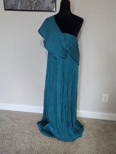 One-Shoulder Teal Evening Dress - Elegant Pleated Gown