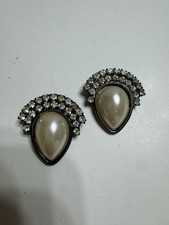 Vtg Bluette Signed Made in France Rhinestone  Faux Pearl Teardrop Shoe Clips