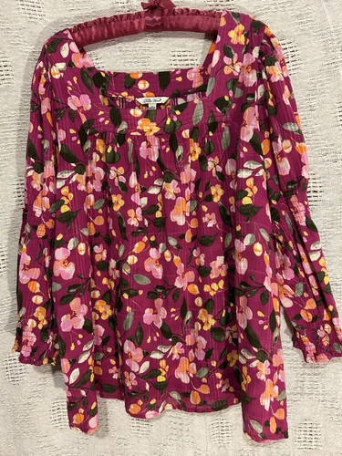 Pioneer Woman Top 2X Cute Floral Print Gauze Cotton Poet Sleeve Shirt Blouse 2XL - Picture 5 of 9