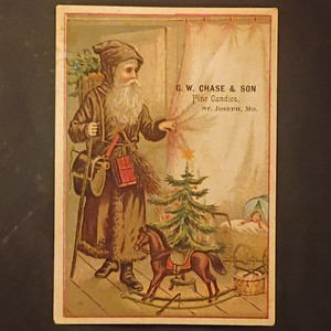 1880s Rare Brown Suit Santa Card, G. W. Chase & Son Fine Candies, St. Joseph MO