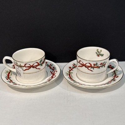 2 RARE Royal Worcester HOLLY RIBBONS Flat Cup & Saucer Sets