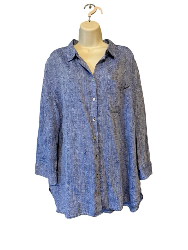 Camisa para mujer Chico’s sin planchar lino botones manga 3/4 azul talla 4 (XXL) 20 Foto 3 de 4