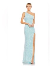 NEW Mac Duggal Blue Sequined One-Shoulder Draped Back Gown - Size 8 26990