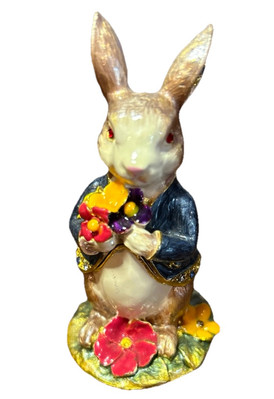Vintage Bunny Enamel Bejeweled Easter Gift Trinket Mini Treasure Box
