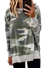 Women Side Split Sweatshirt: Fall Crewneck Long Sleeve Oversized Camo Shirts ...
