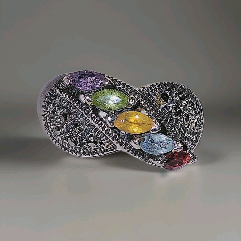 Vintage Sterling Ring With Marcasites & 5 Gemstones.      #3263