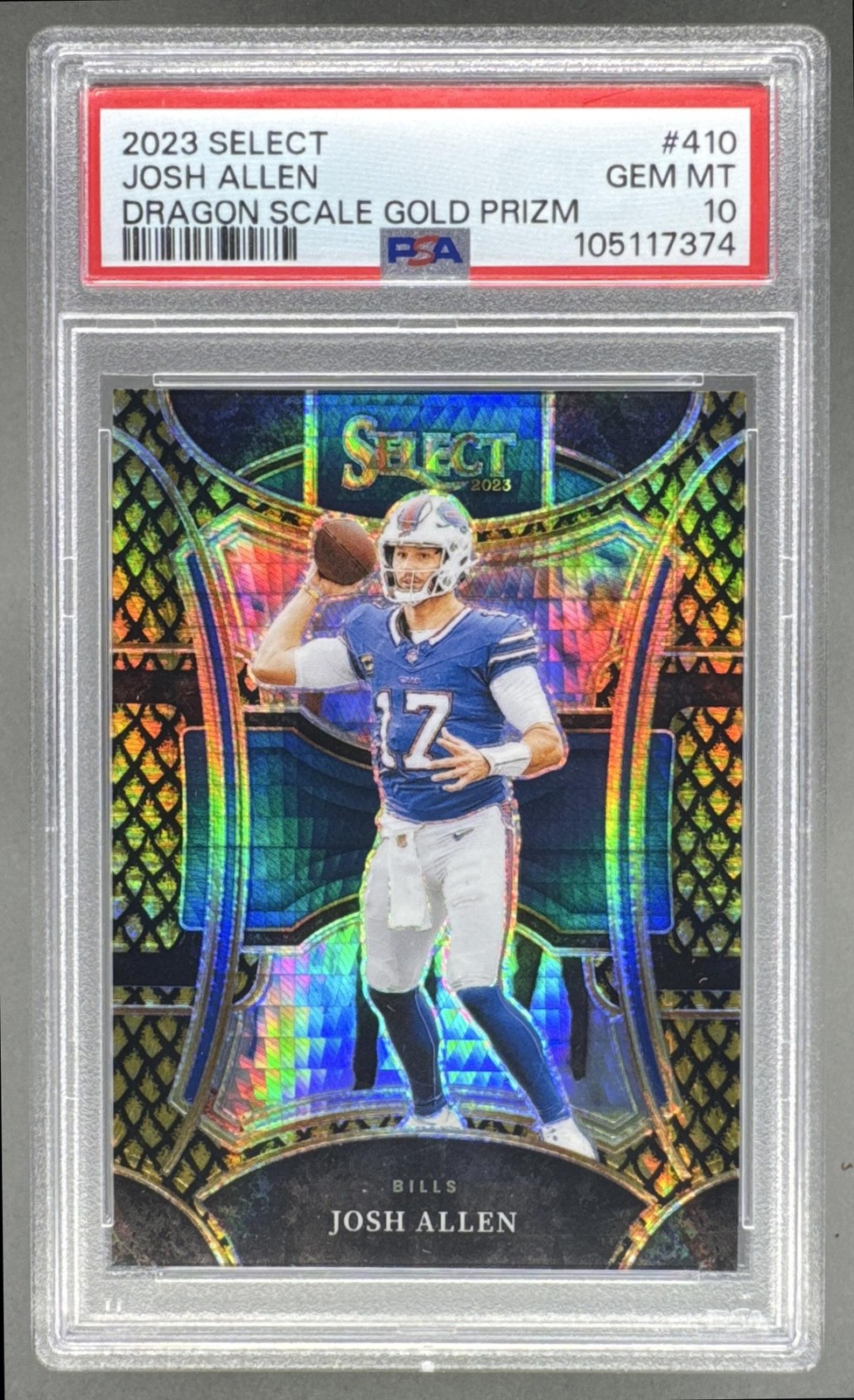 Josh Allen 2023 Panini Select #410 Gold Dragon Scale Prizm 6/10 PSA 10
