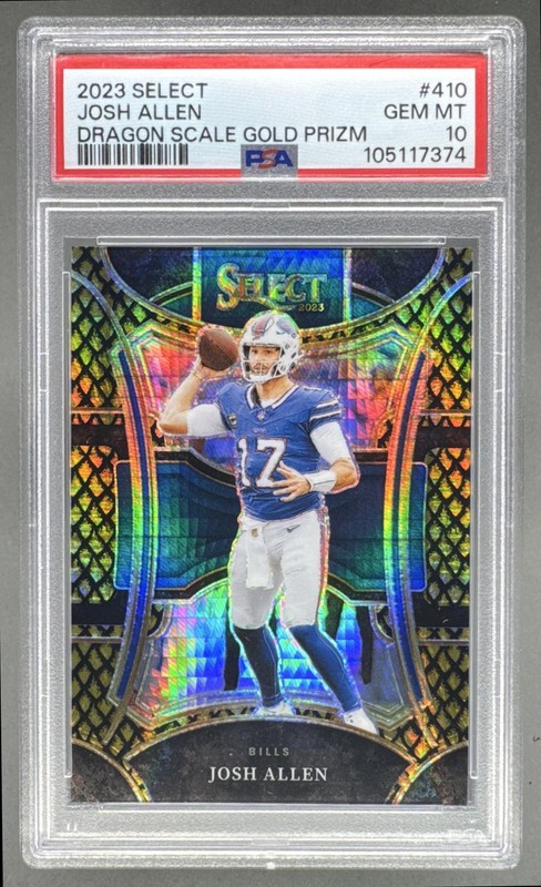 Josh Allen 2023 Panini Select #410 Gold Dragon Scale Prizm 6/10 PSA 10