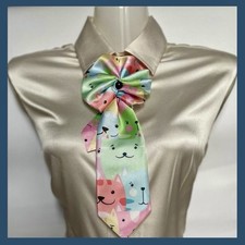 Handmade Silk Women  s Tie with Cat Print  Kawaii Pastel Neck Bow Gift