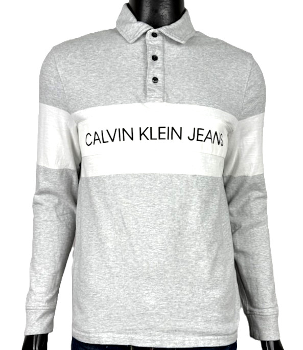 Calvin Klein Jeans Felpa Polo Uomo S Cotone Pesante Grigia Manica Lunga Logo