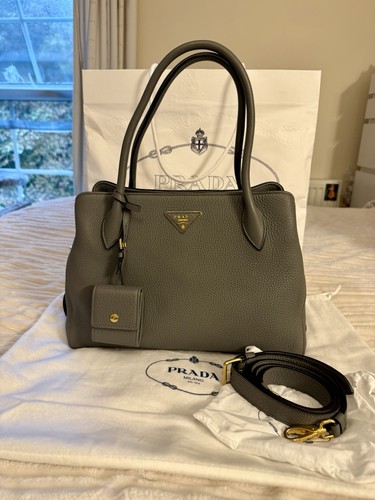Prada Soft Double Shoulder Bag Marmo Grey Vitello Daino Leather Genuine