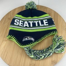 Seattle Seahawks Beanie Hat Cap OSFM Ear Flaps Tassels Pom Blue Team Apparel