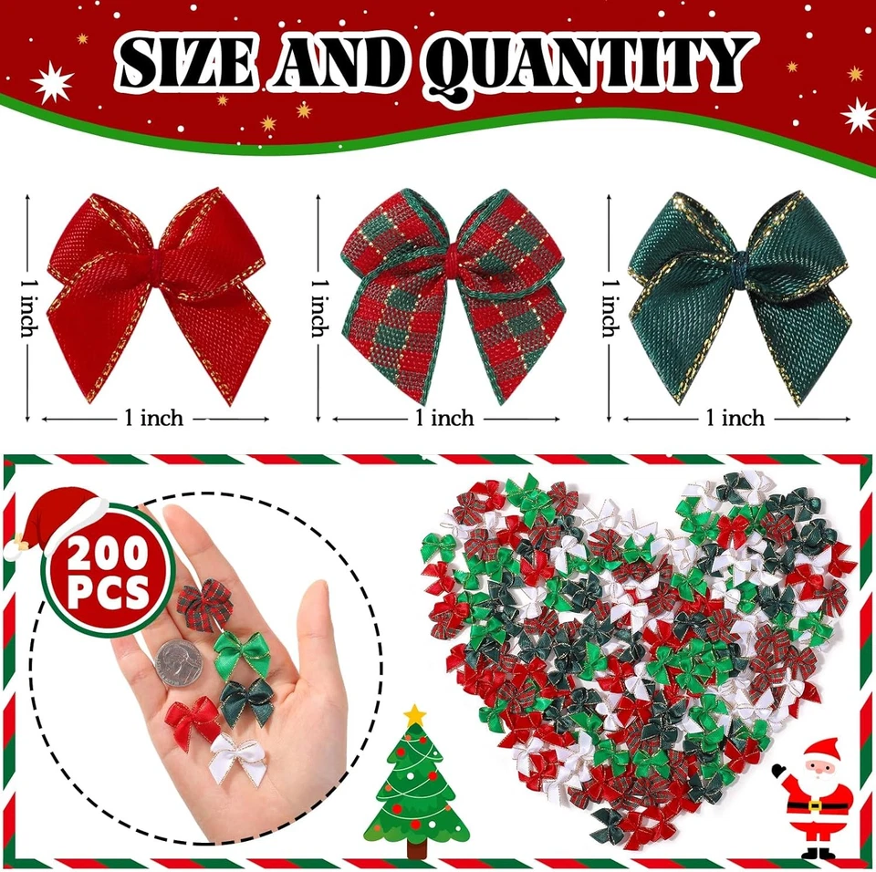 200 Piezas 1" Navidad Mini Cinta de Satén Arcos Pequeño Borde Dorado Tela Escocesa Foto 2 de 4