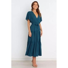 Petal + Pup Barker Teal Blue Tiered Flutter Sleeve Wrap Maxi Dress Womens Small