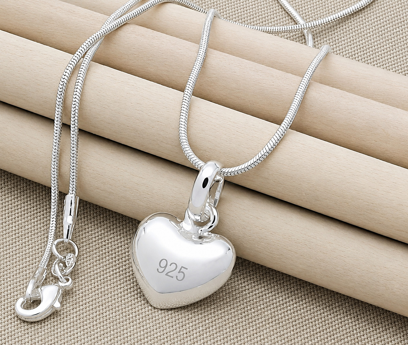925 Sterling Silver Solid Small Heart Pendant Necklace Snake Chain For Women