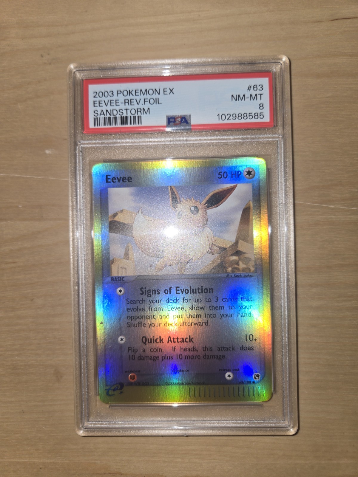 2003 POKEMON EX SANDSTORM #63 EEVEE-REVERSE FOIL PSA 8