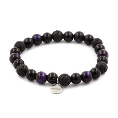 Armband Perlen Tigerauge lila + Lava + Achat schwarz 8 mm. Made in Fra