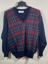 Pringle Of Scotland Mens Wool V-Neck Sports Sweater Sz XL Red/Blue Plaid