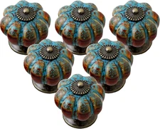 6 Pack Blue Ceramic Pumpkin Cabinet Knobs Vintage Drawer Door Pull Handles