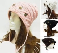 Knit Crochet Warm Winter Ski Beanie Button Ear Flap Knit Braid Hat pom pom