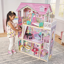 Wooden Dollhouse With Elevator Accesories Kids Girls Miniature Pretend Play Toy