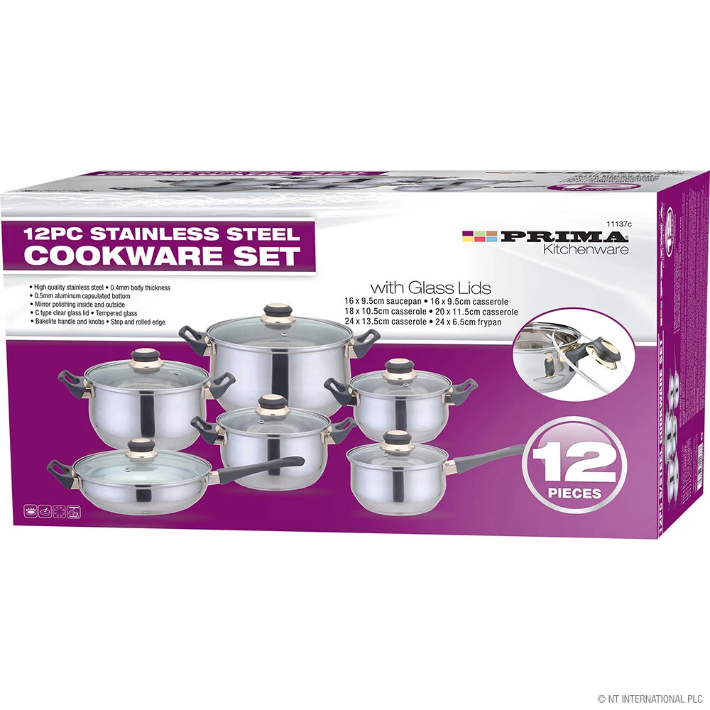 12pc Induction Non Stick Stainless Steel Cookware Kitchen Glass Lids Pot Pan Set