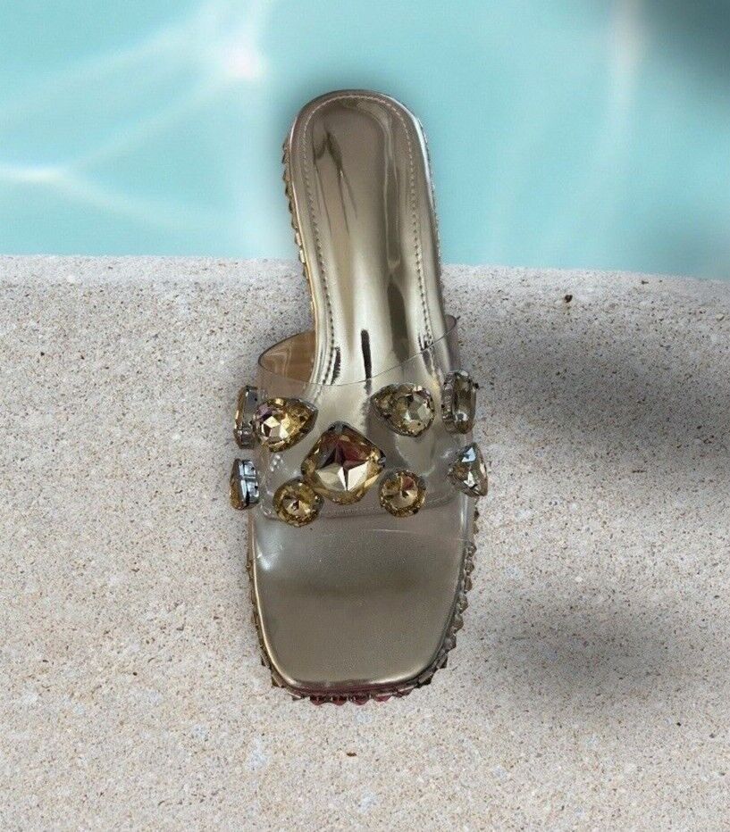Ladies Espadrille Sandals Gold Clear Rhinestone Gems Slip On Stud ...