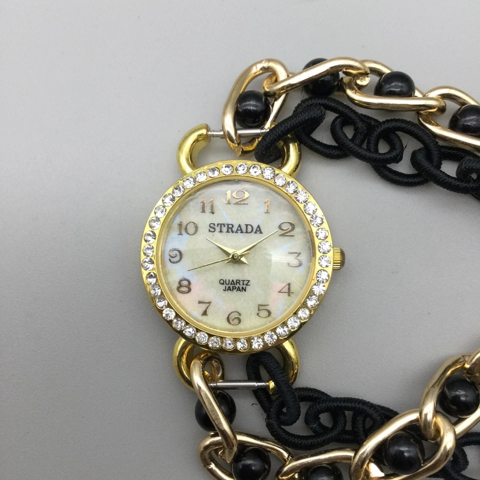 Reloj Strada Mujer 28mm Cristal Tono Dorado Negro Cadena Banda Batería Nueva 8.5" Foto 2 de 4