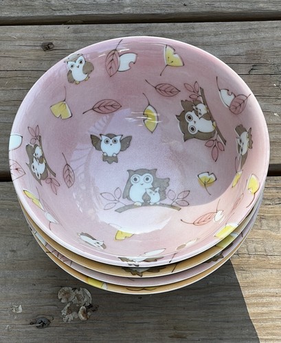 Japanese Rice Soup Bowl 6"D Porcelain Pink/Peach Blossom Forest Lucky Owl 4-Set - Picture 8 of 11